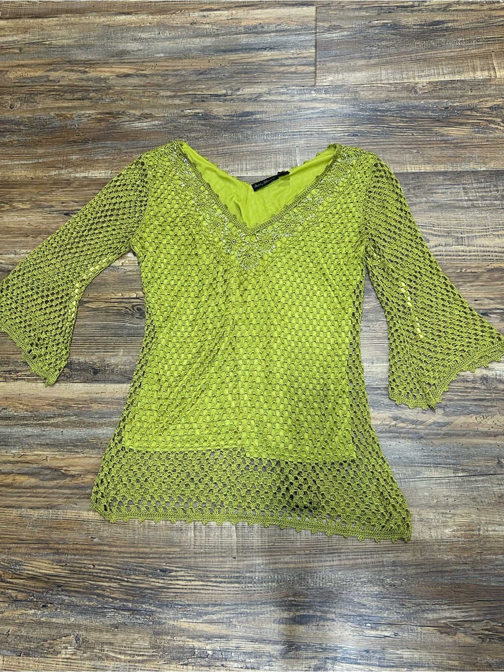 Ashley Stewart Olive Crochet Knit With Beaded Neckline